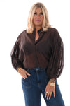 Doorknoop blouse pofmouwen donkerbruin