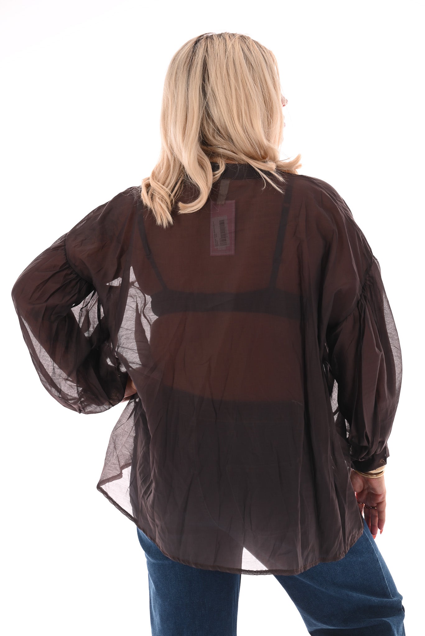 Doorknoop blouse pofmouwen donkerbruin