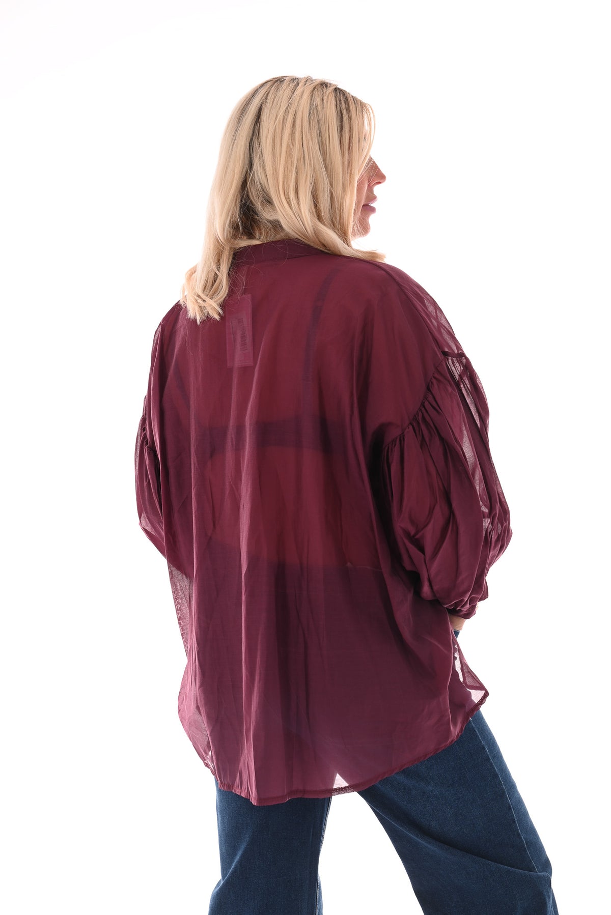 Doorknoop blouse pofmouwen aubergine