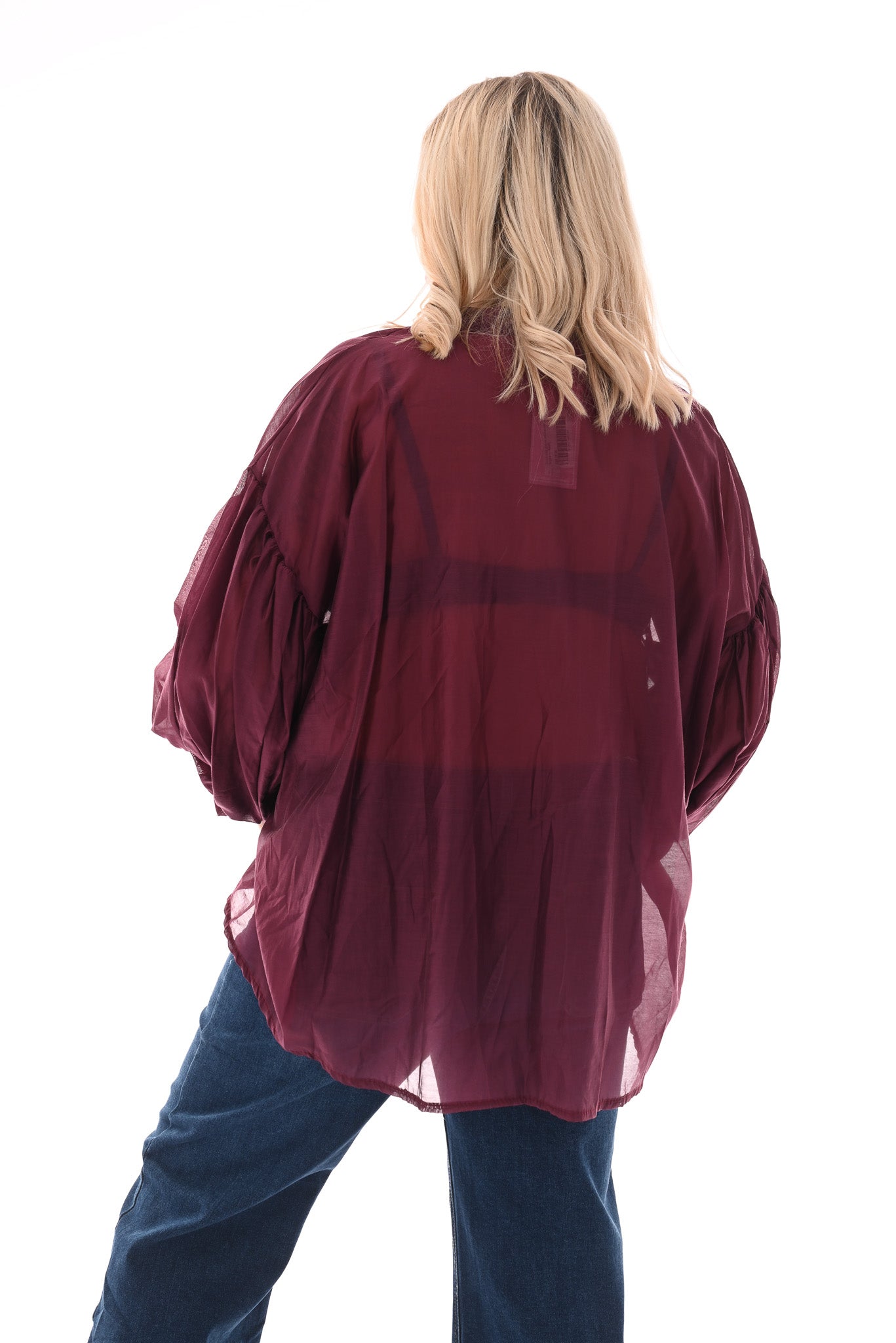 Doorknoop blouse pofmouwen aubergine
