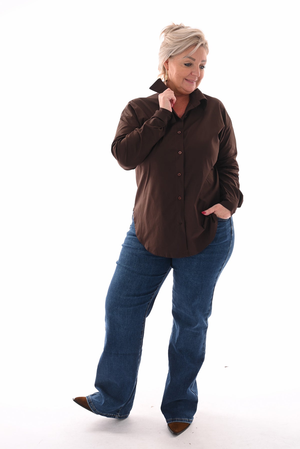 Blouse doorknoop uni donkerbruin