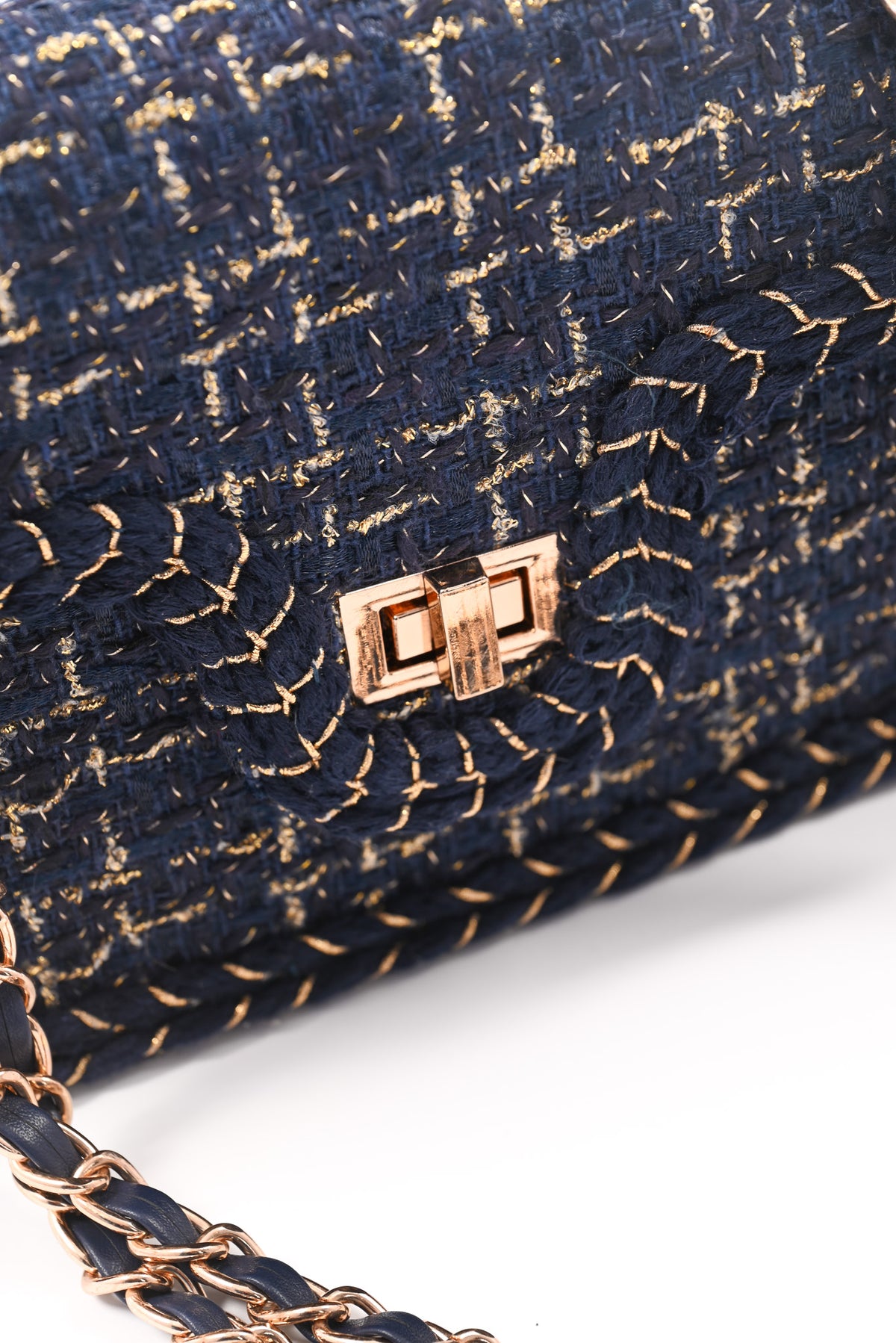 Mini schoudertas lurex marineblauw