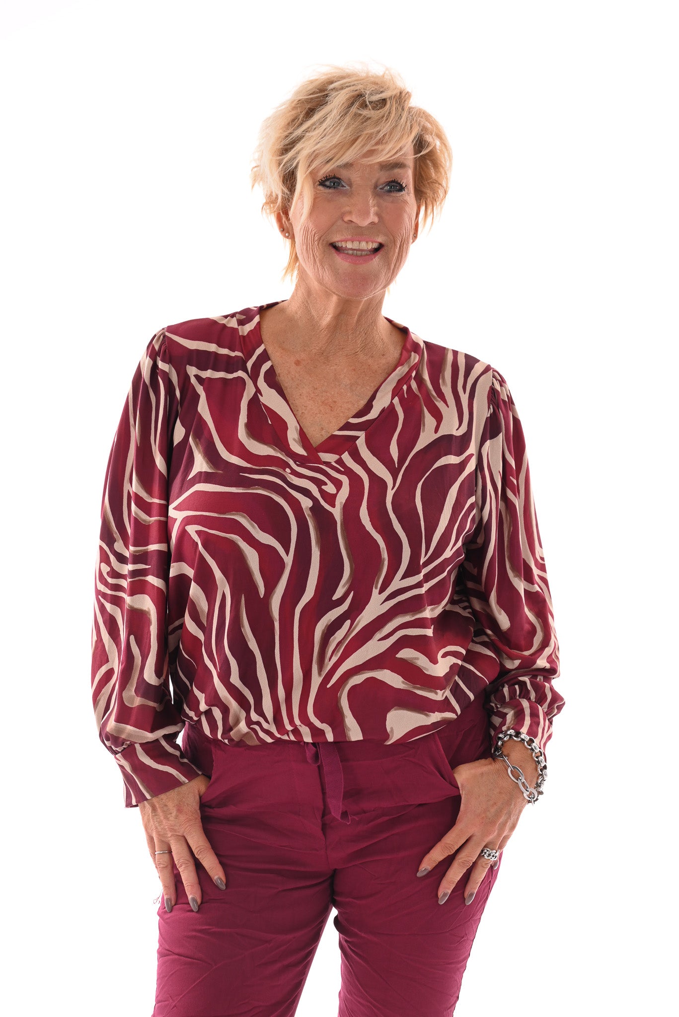 Top v-hals abstracte zebraprint bordeaux