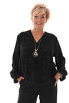 Top v-hals glitter trompetmouwen met ketting zwart