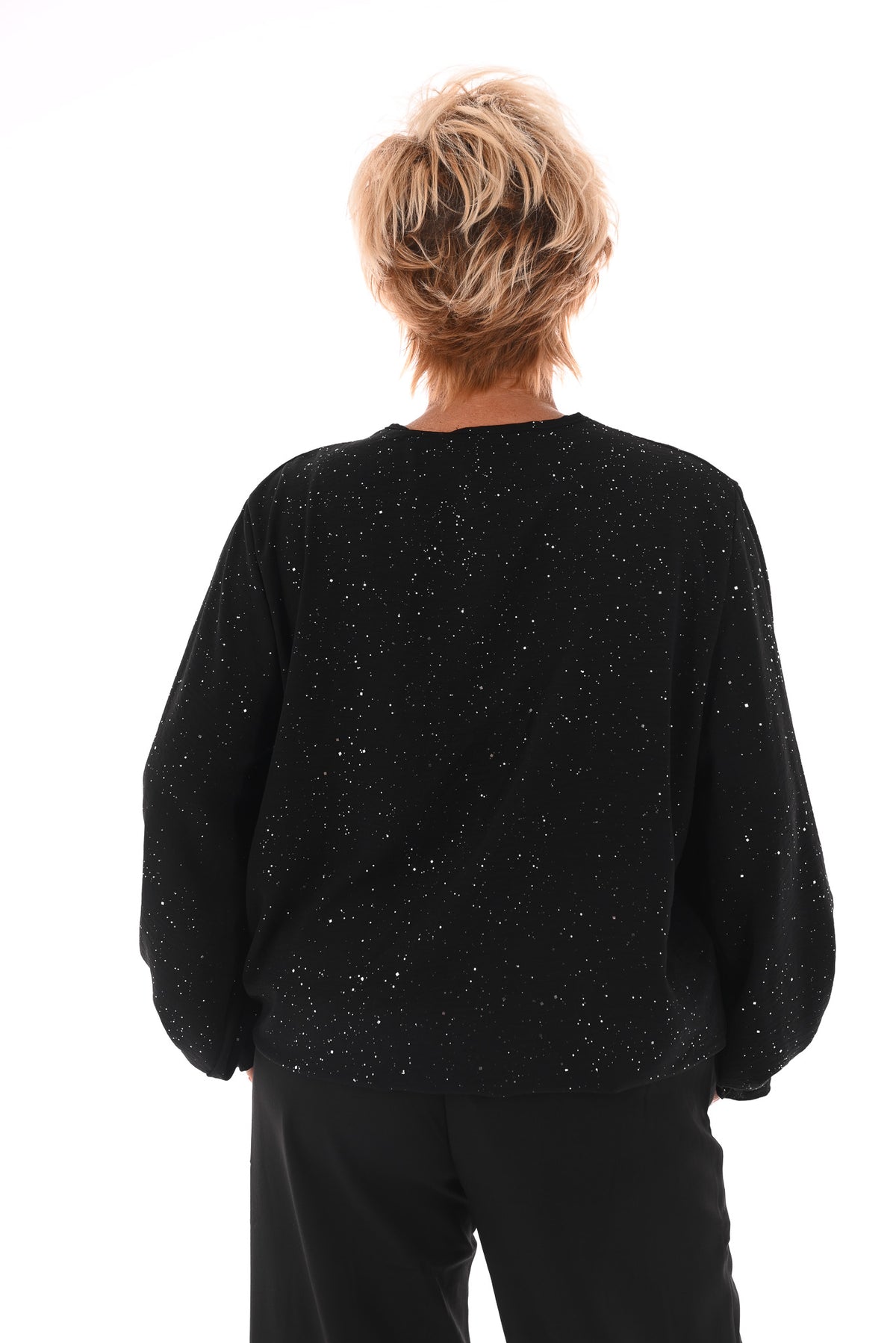 Top v-hals glitter trompetmouwen met ketting zwart