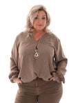Top v-hals glitter trompetmouwen met ketting taupe