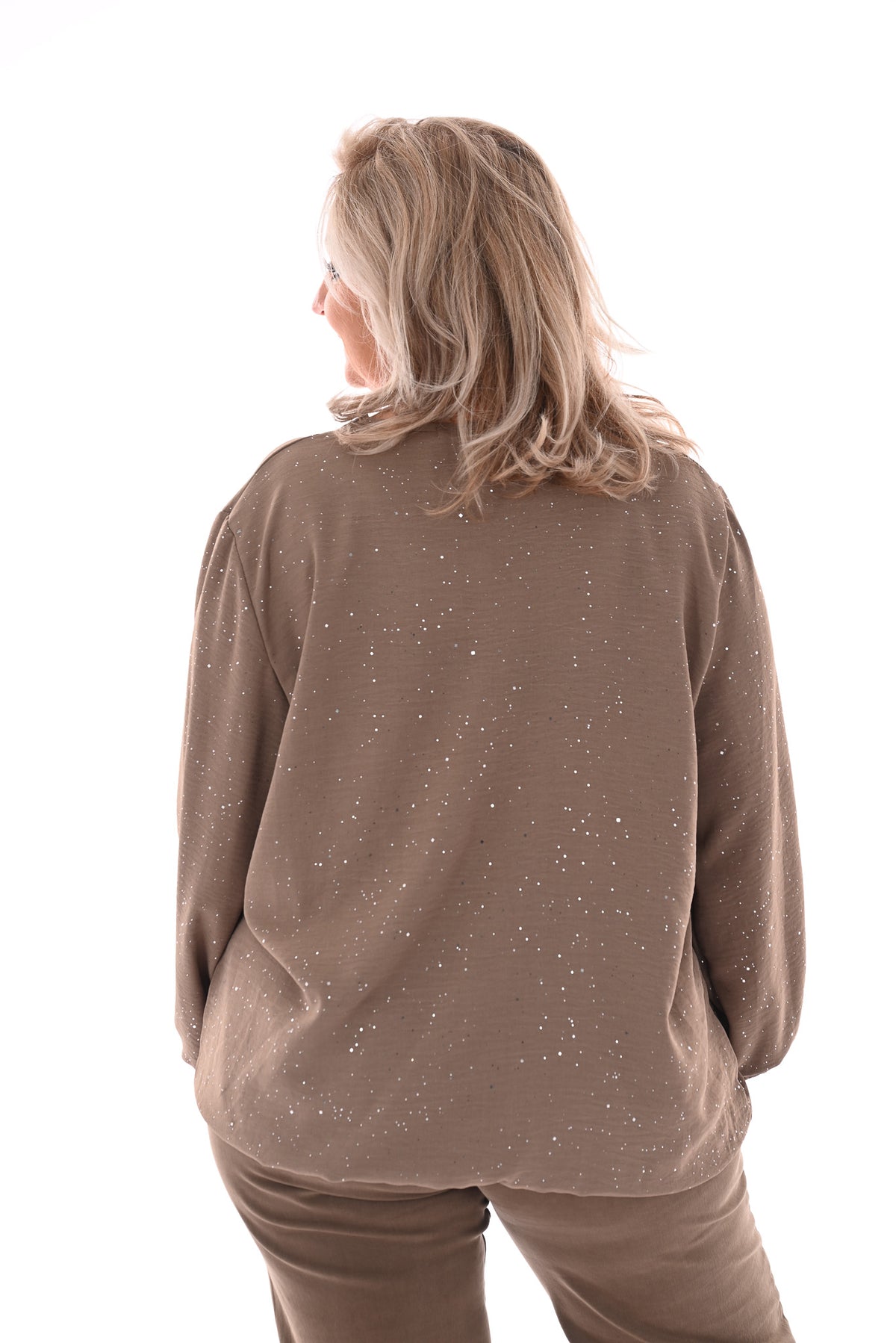 Top v-hals glitter trompetmouwen met ketting taupe