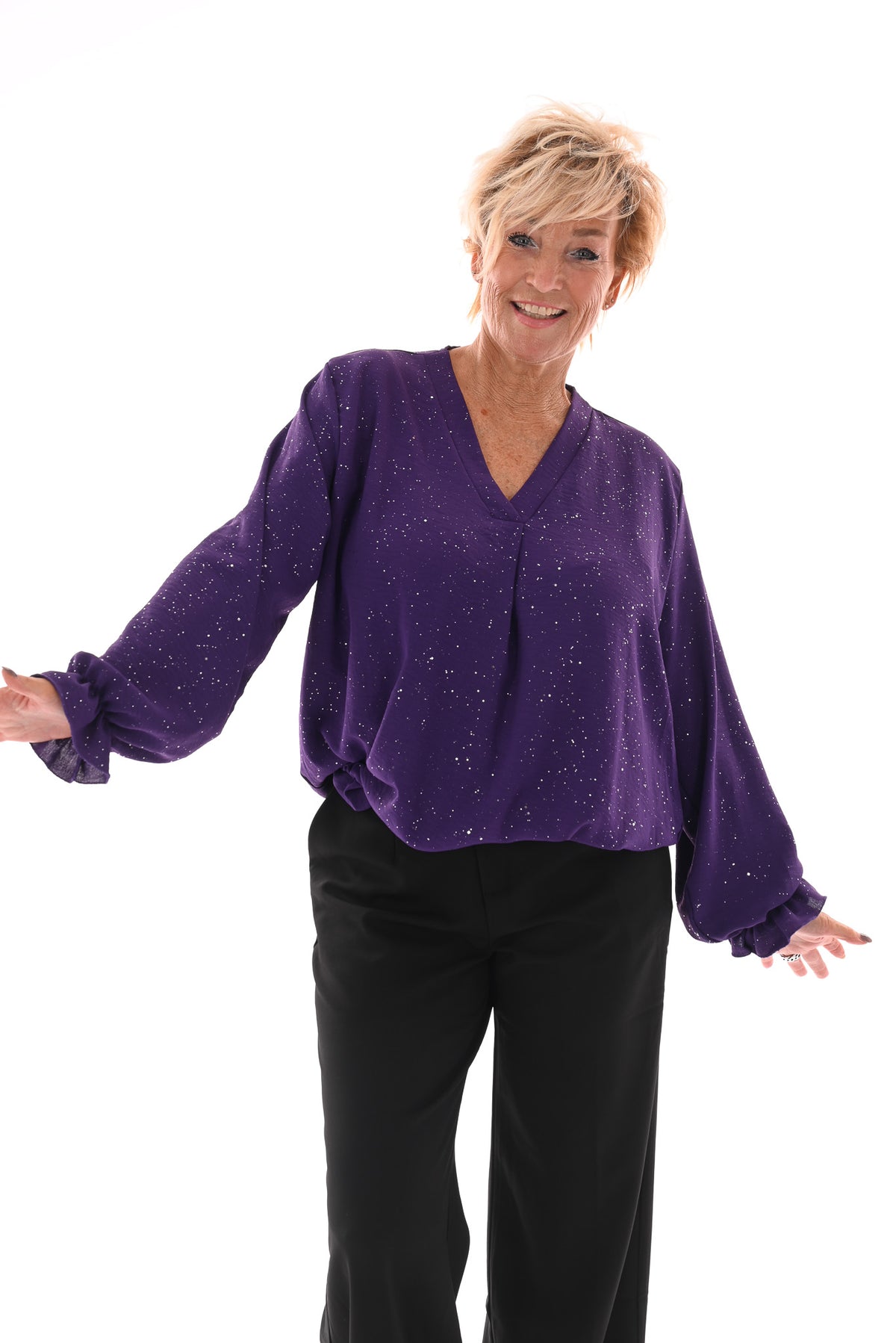 Top v-hals glitter trompetmouwen met ketting paars