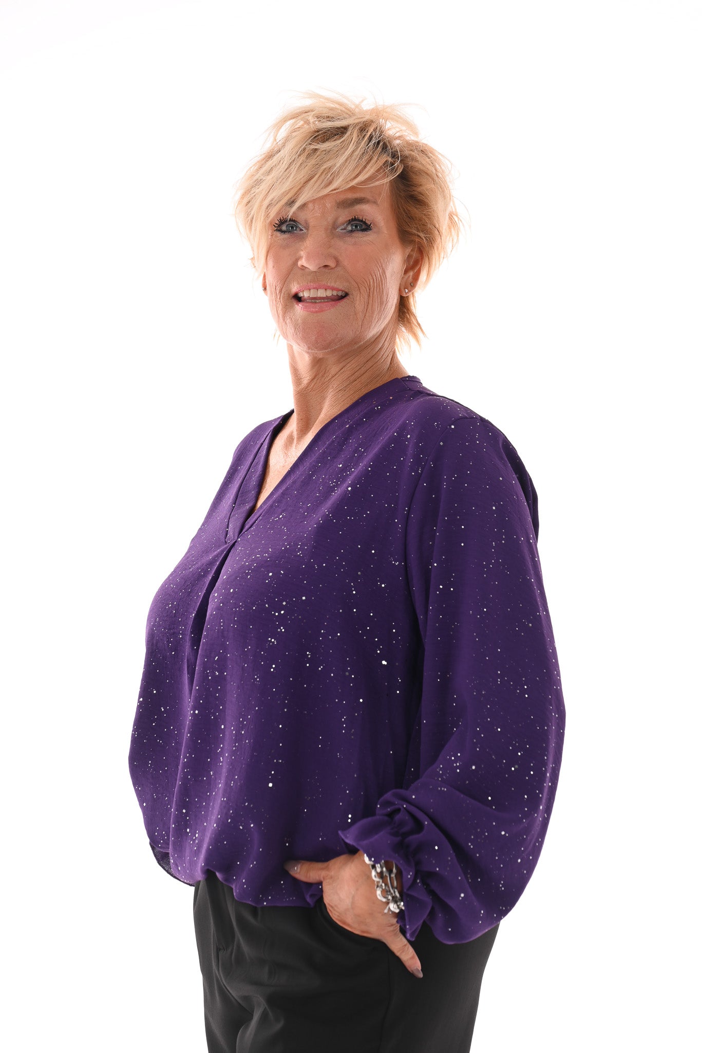 Top v-hals glitter trompetmouwen met ketting paars