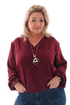 Top v-hals glitter trompetmouwen met ketting bordeaux