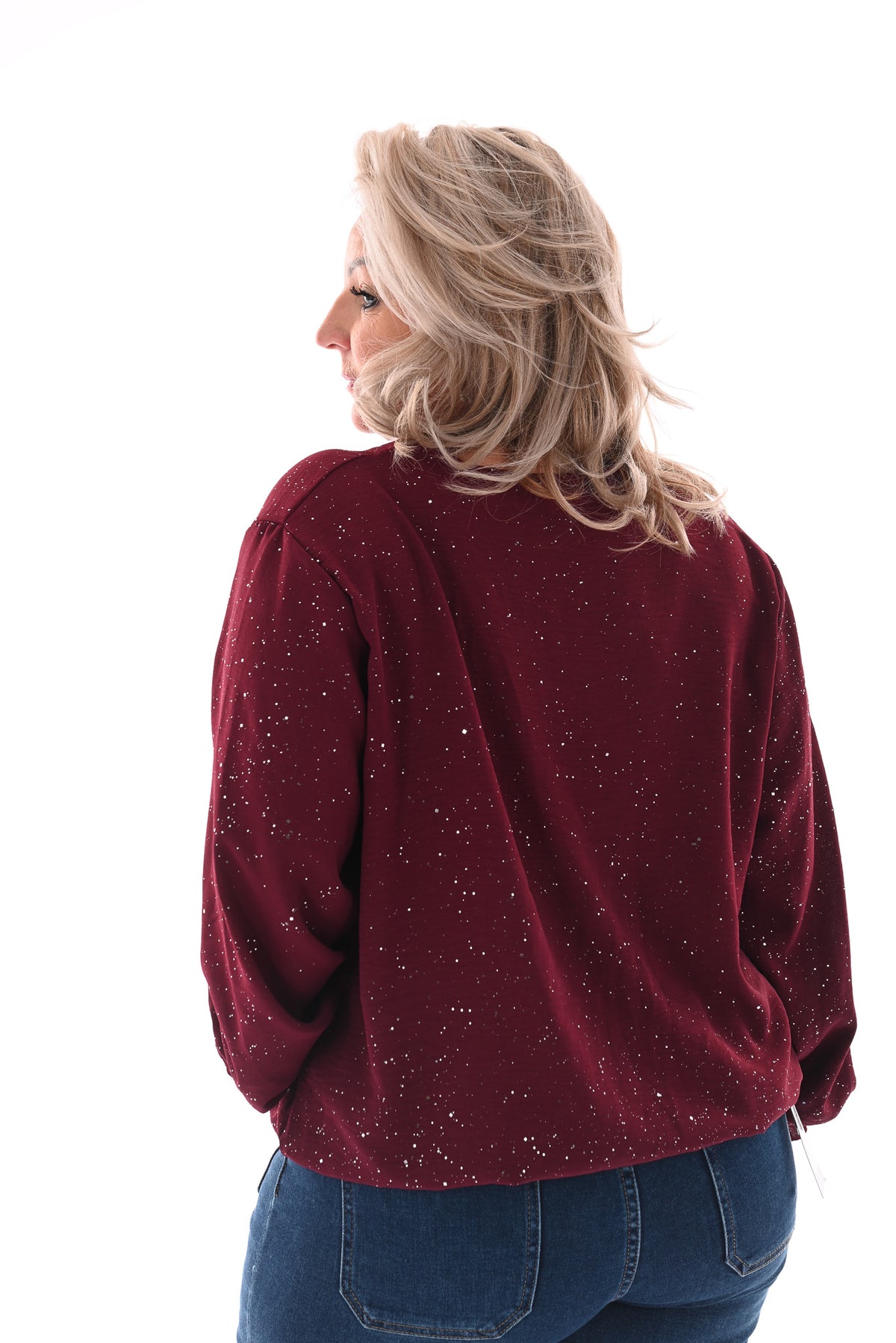 Top v-hals glitter trompetmouwen met ketting bordeaux