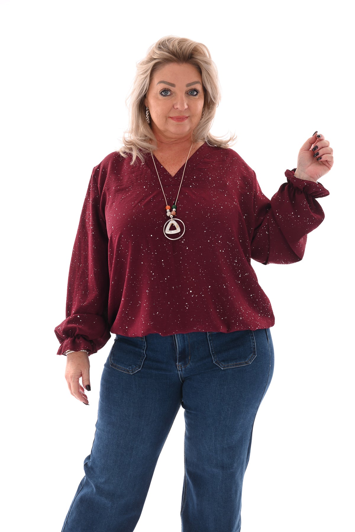 Top v-hals glitter trompetmouwen met ketting bordeaux