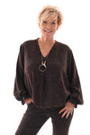 Top v-hals glitter trompetmouwen met ketting donkerbruin