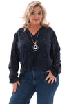 Top v-hals glitter trompetmouwen met ketting marineblauw