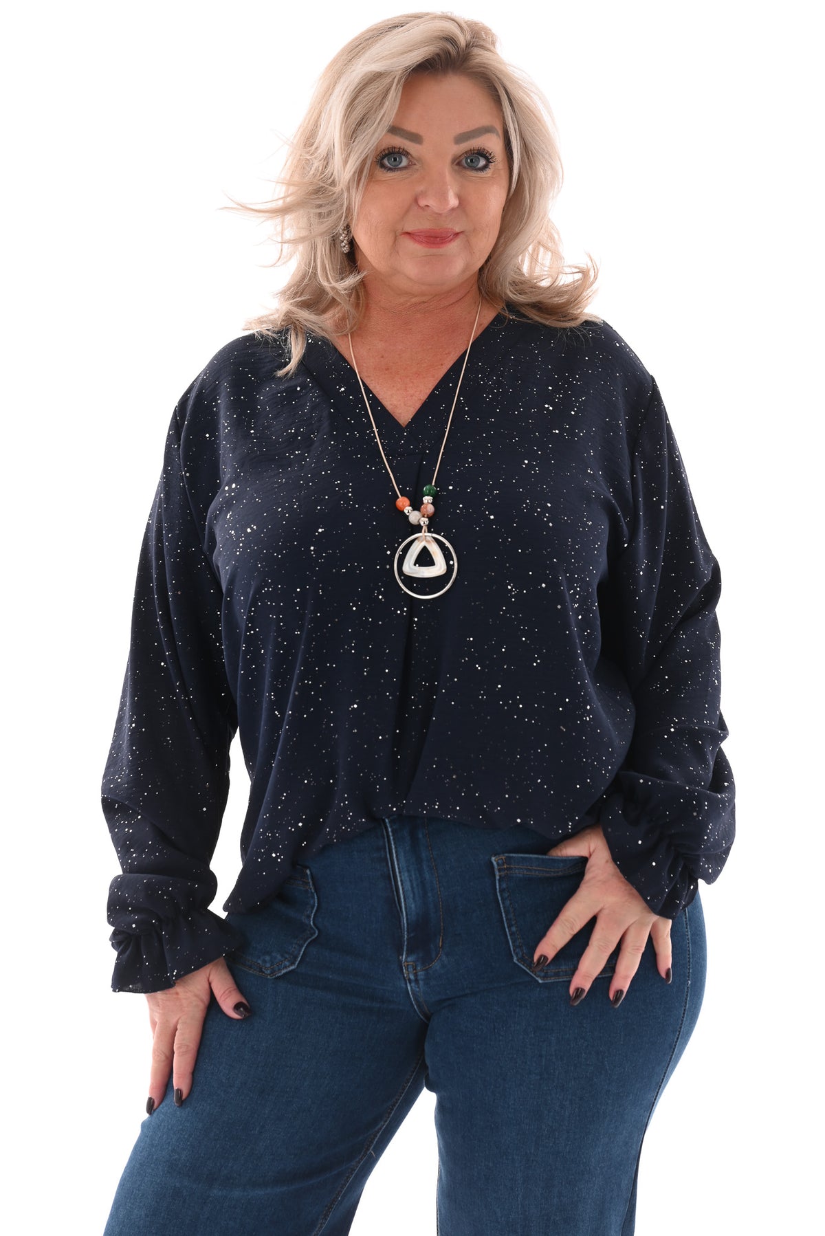 Top v-hals glitter trompetmouwen met ketting marineblauw