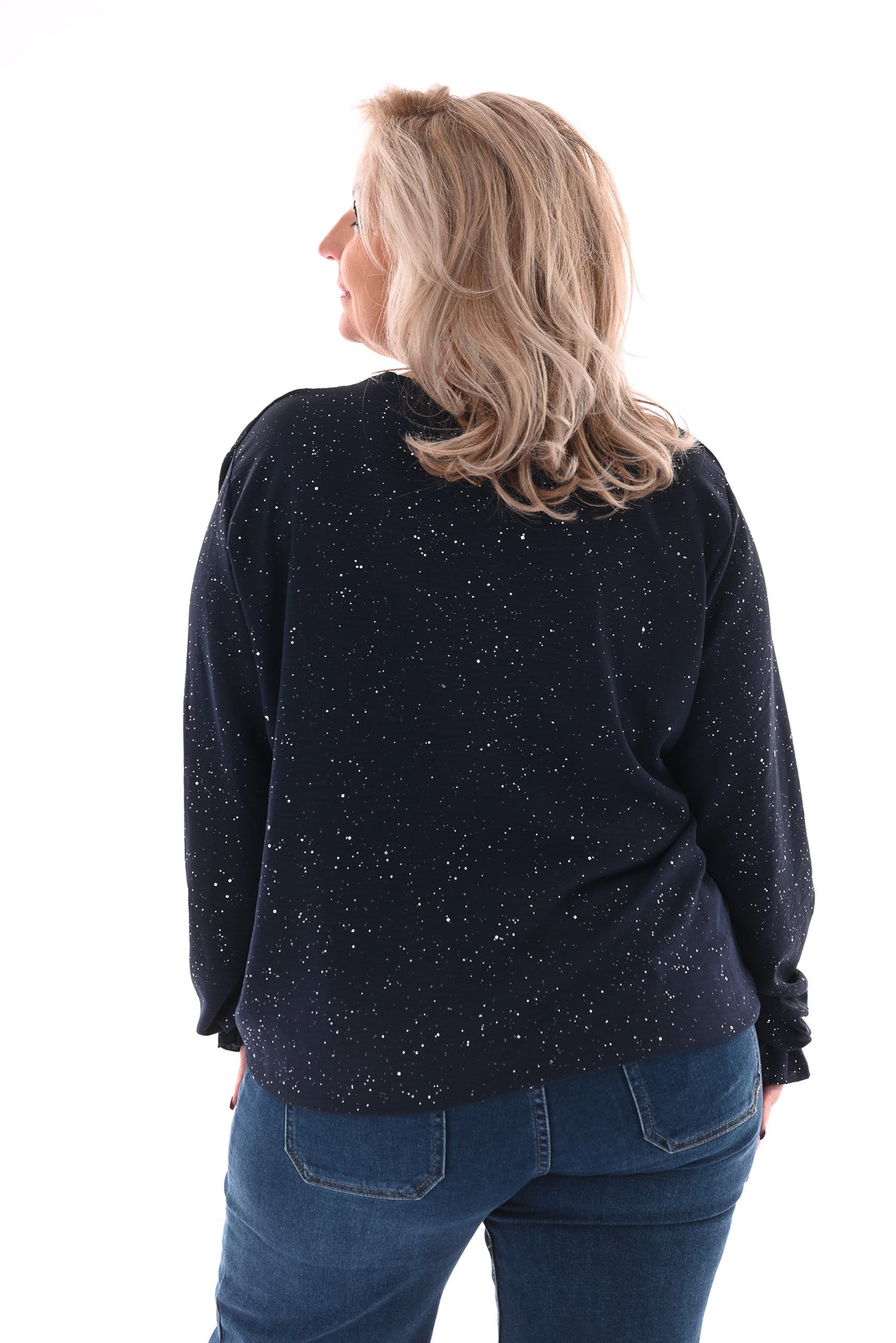Top v-hals glitter trompetmouwen met ketting marineblauw