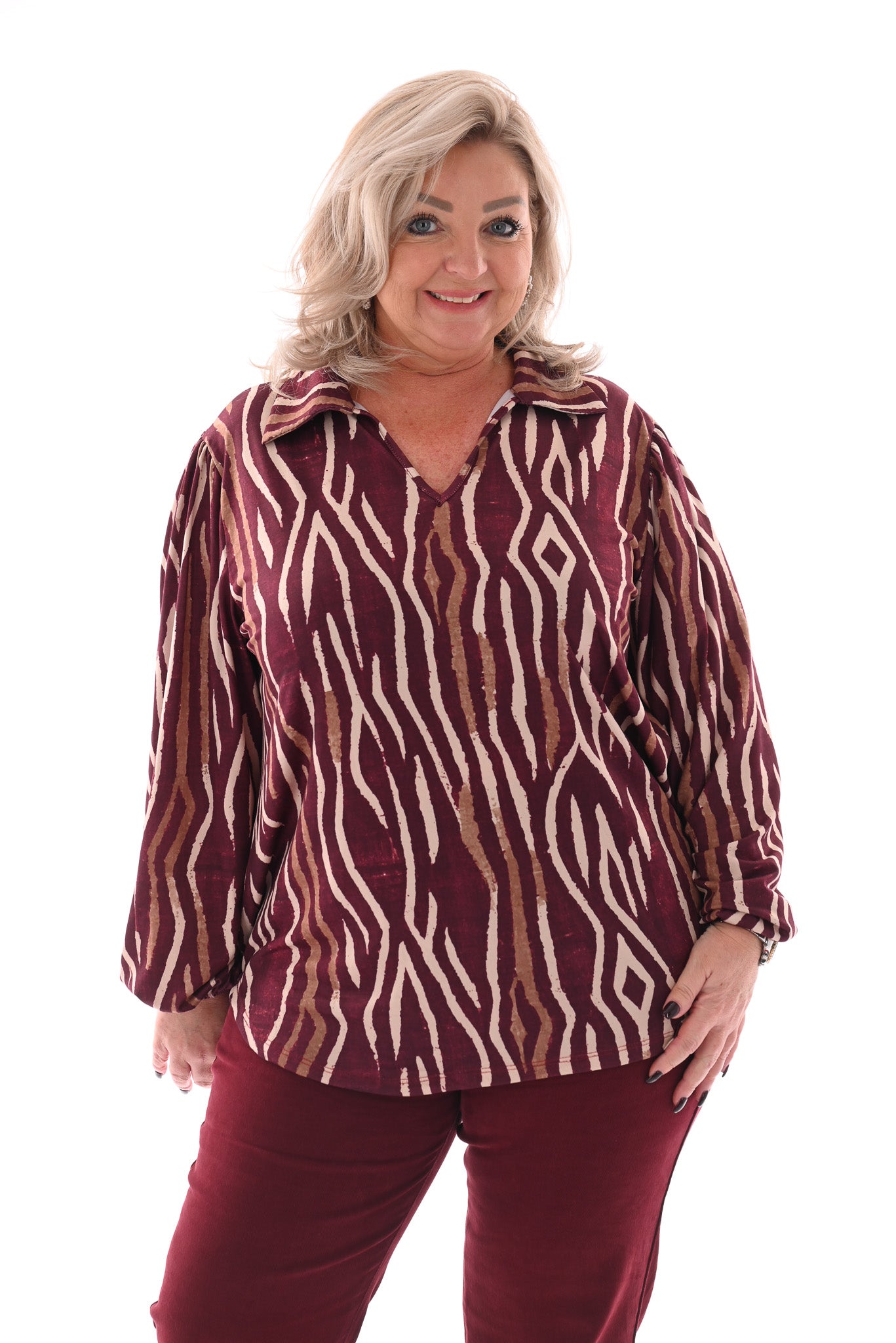 Top v-hals met kraag en strepen bordeaux