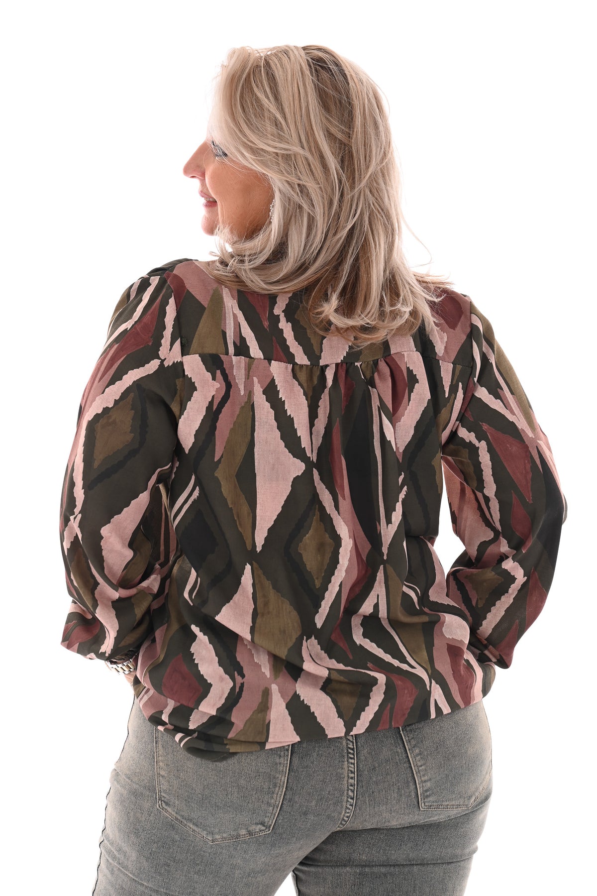 Blouse met strik print ruit legergroen