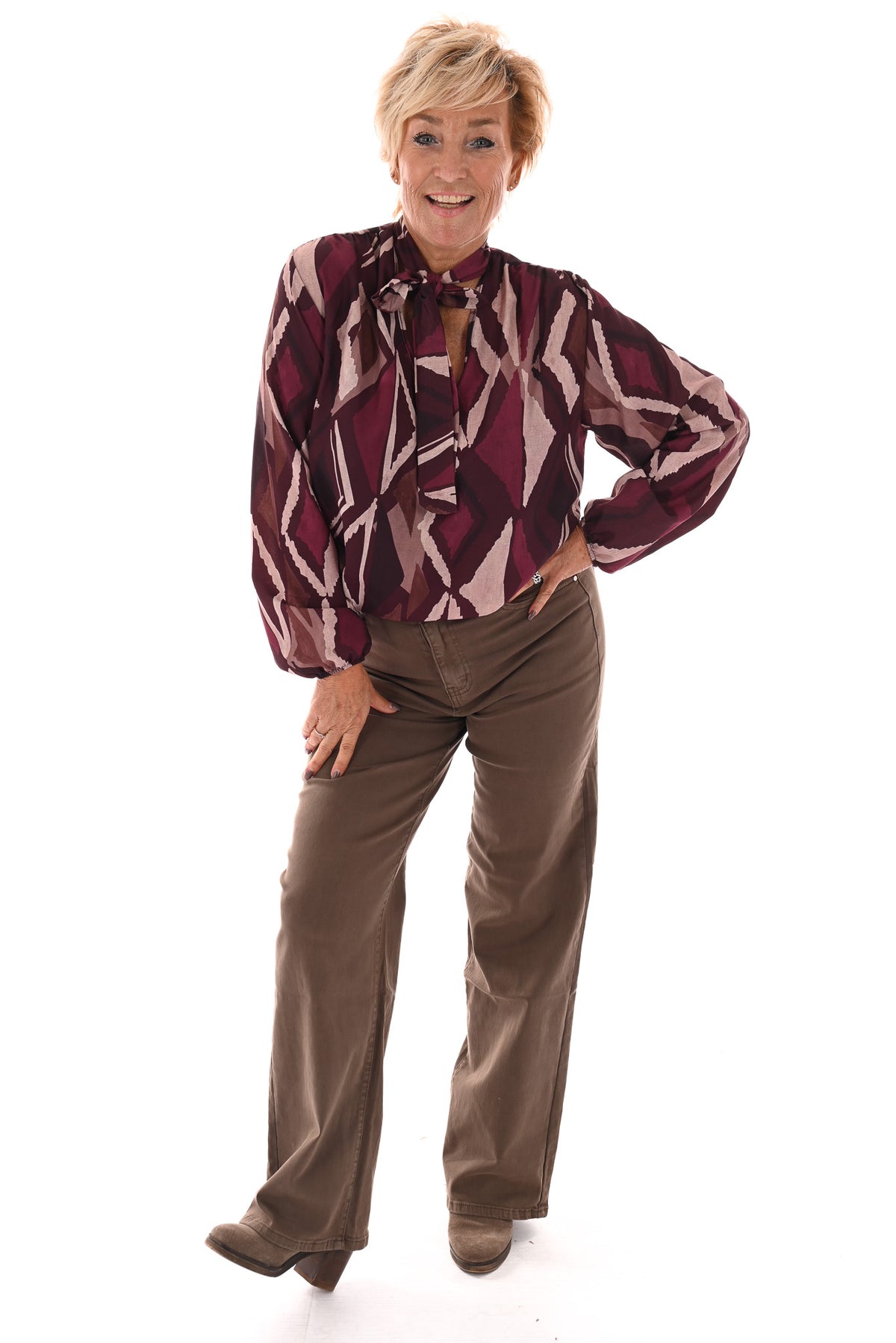 Blouse met strik print ruit bordeaux