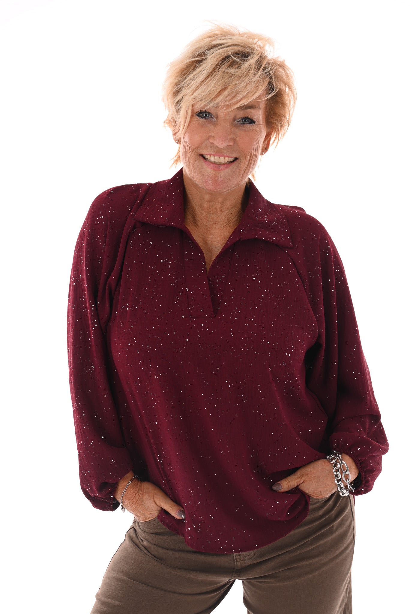 Top v-hals met kraag glitter bordeaux