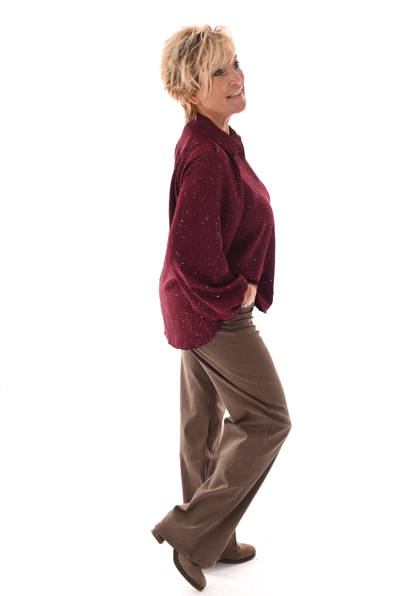 Top v-hals met kraag glitter bordeaux