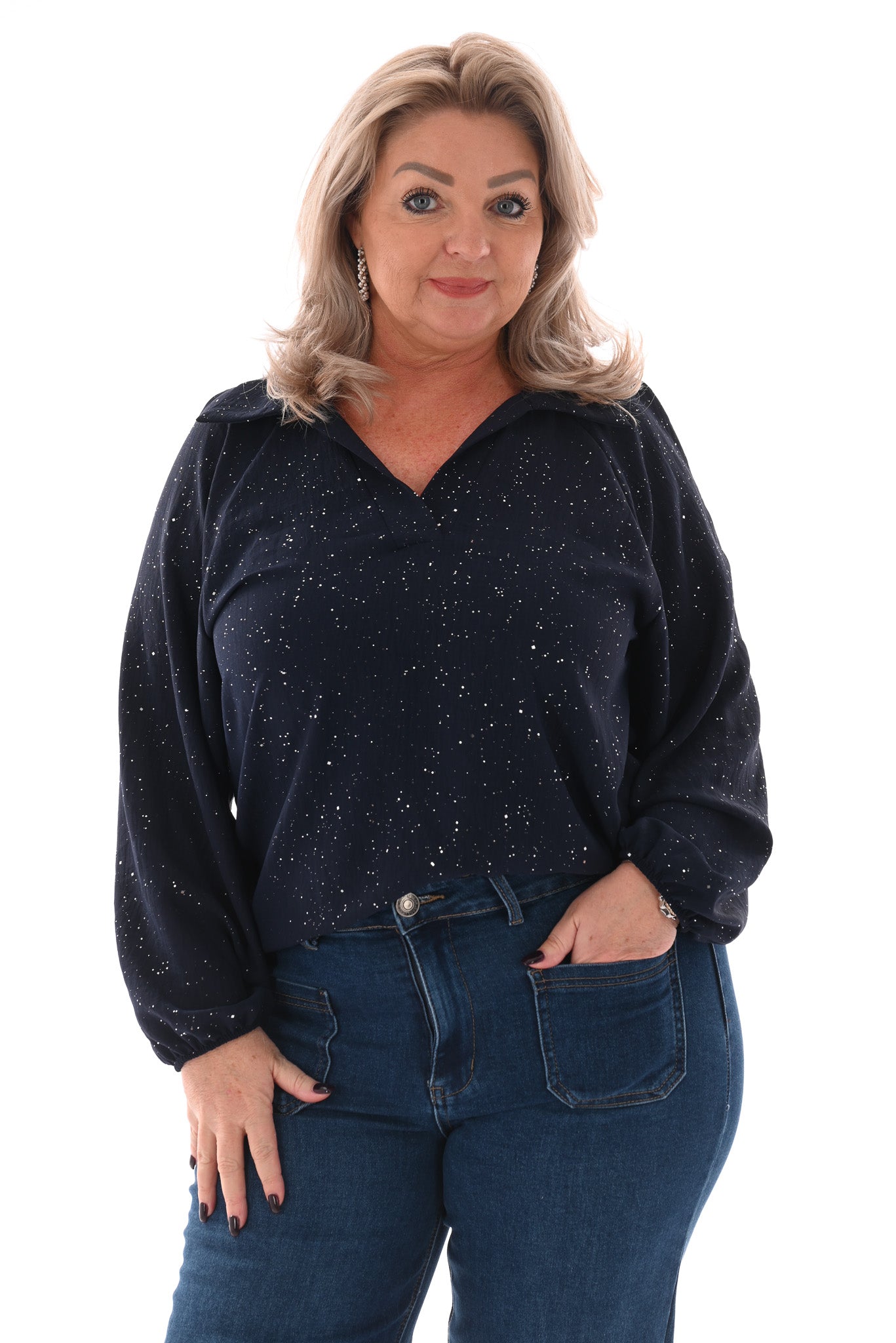 Top v-hals met kraag glitter marineblauw