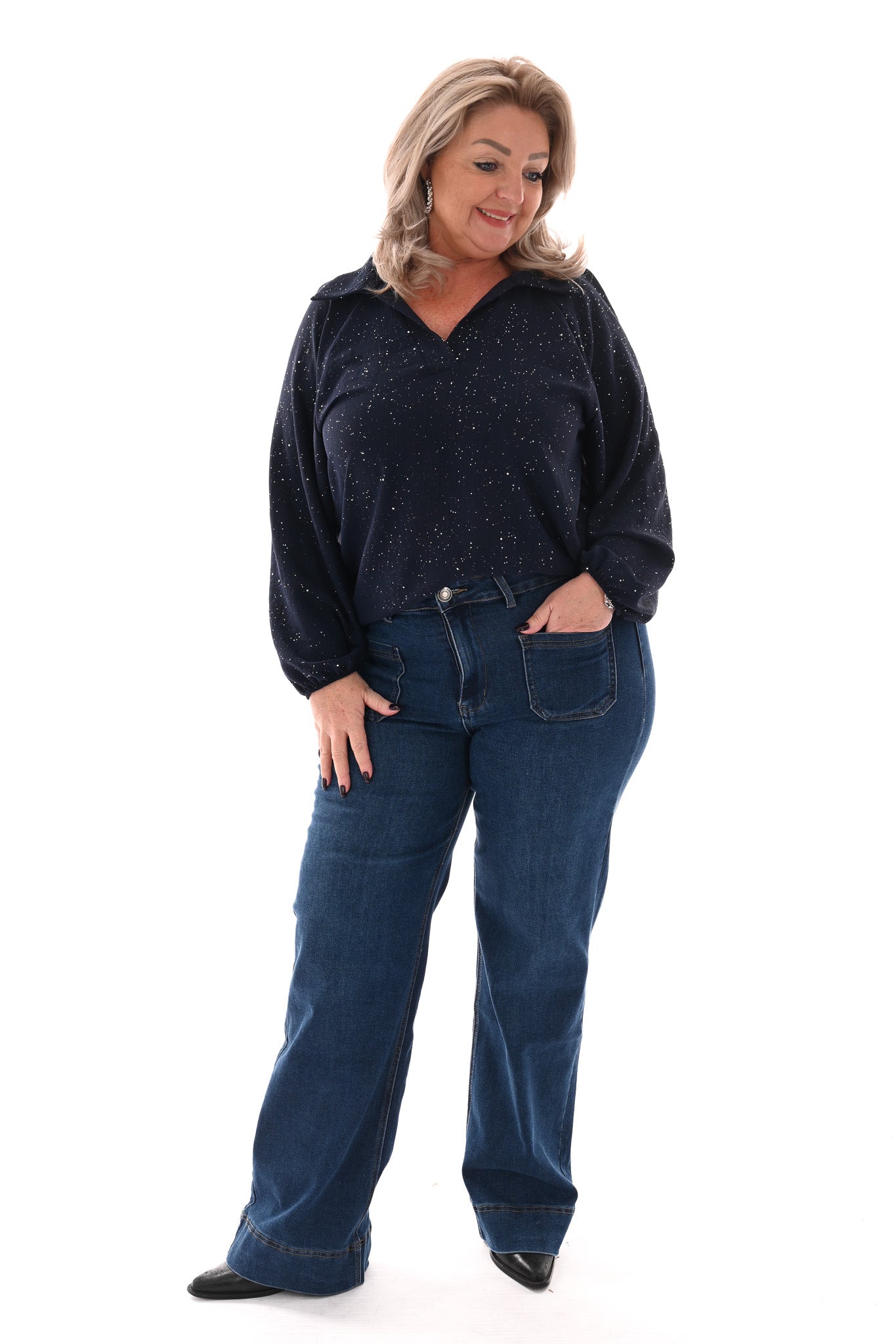 Top v-hals met kraag glitter marineblauw