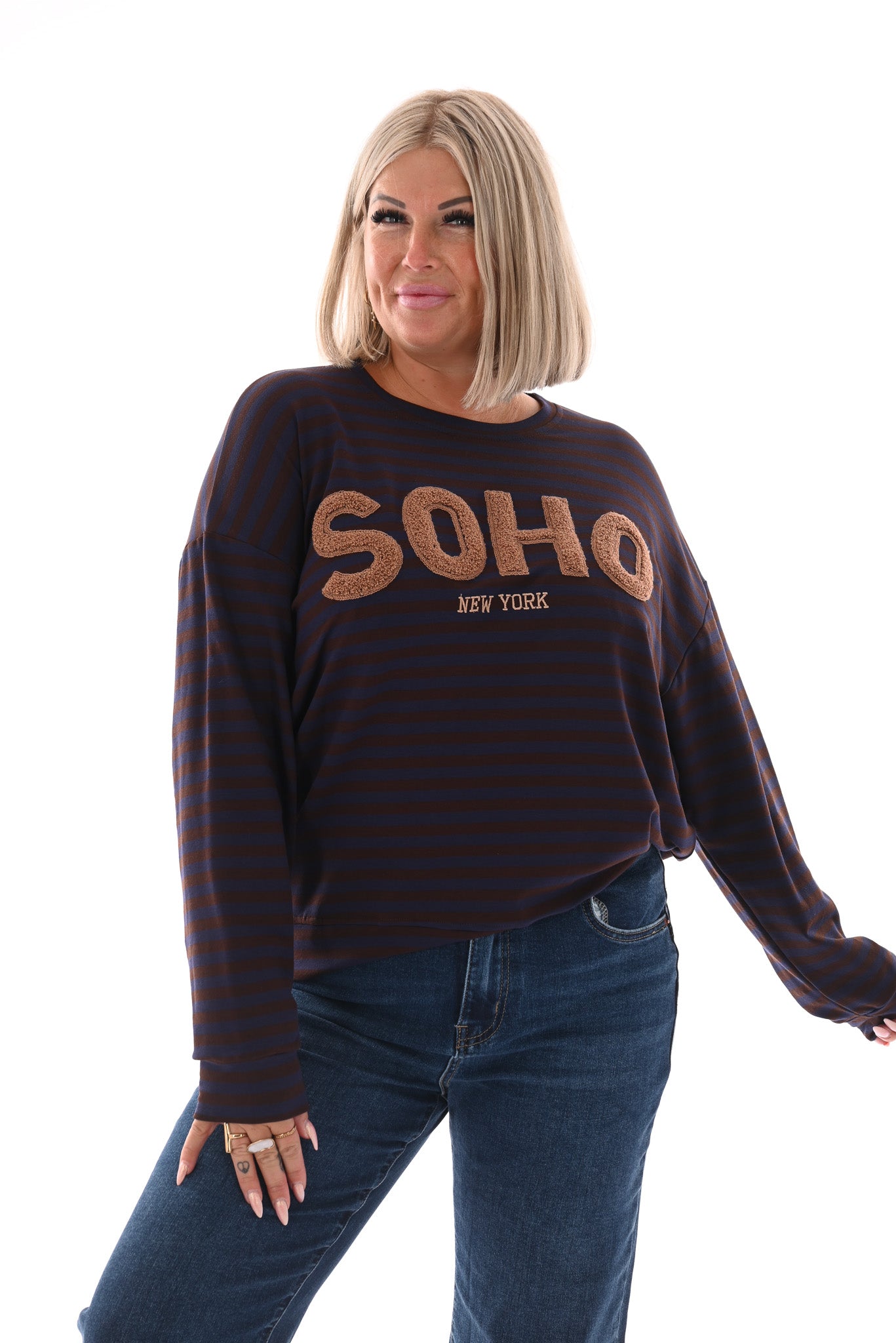 Gestreepte sweater Soho bruin/marineblauw