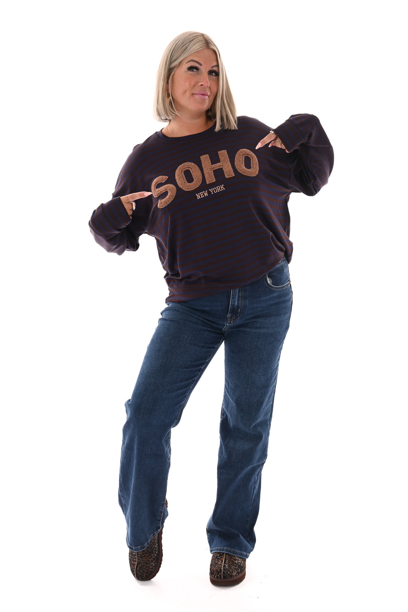 Gestreepte sweater Soho bruin/marineblauw