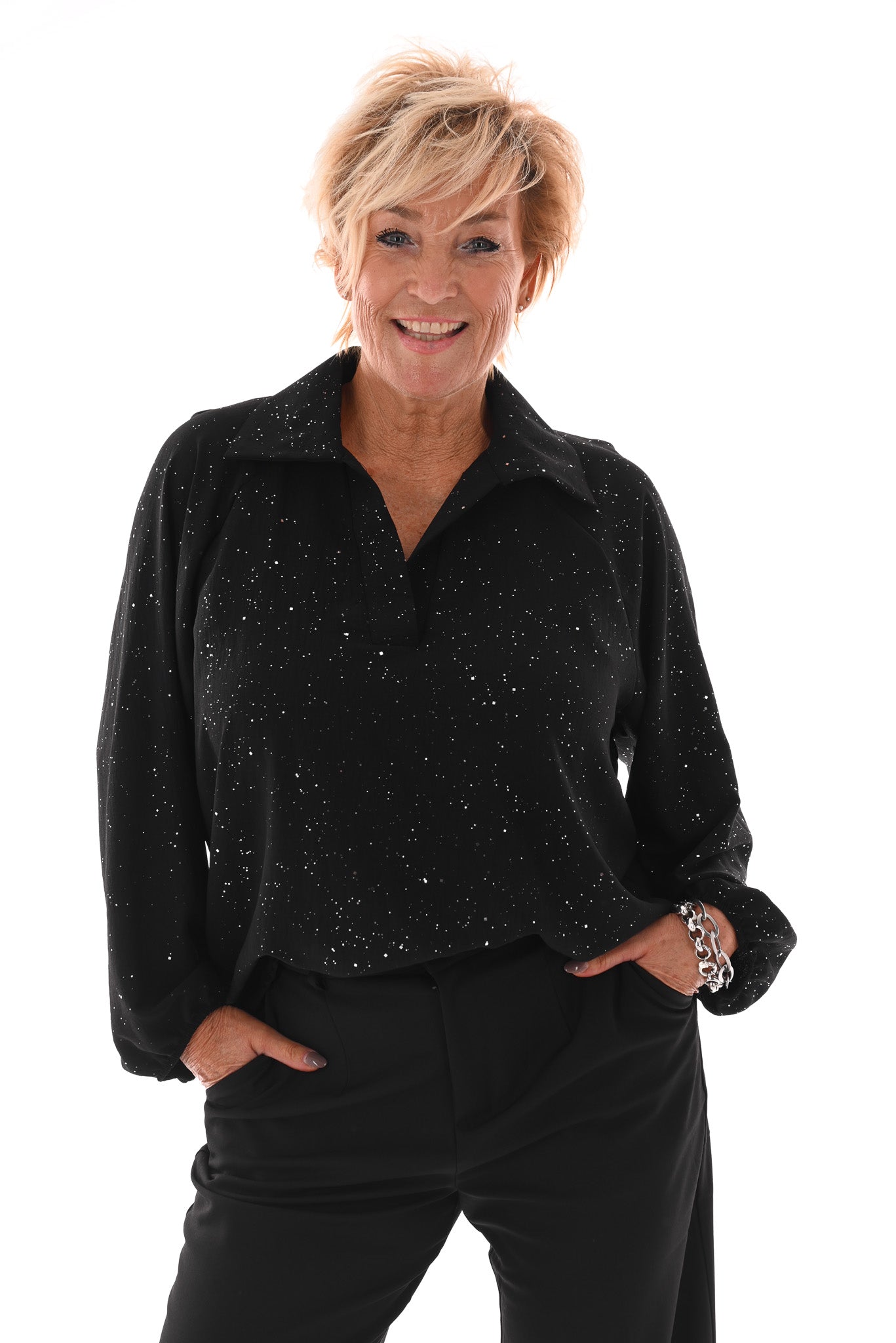 Top v-hals met kraag glitter zwart