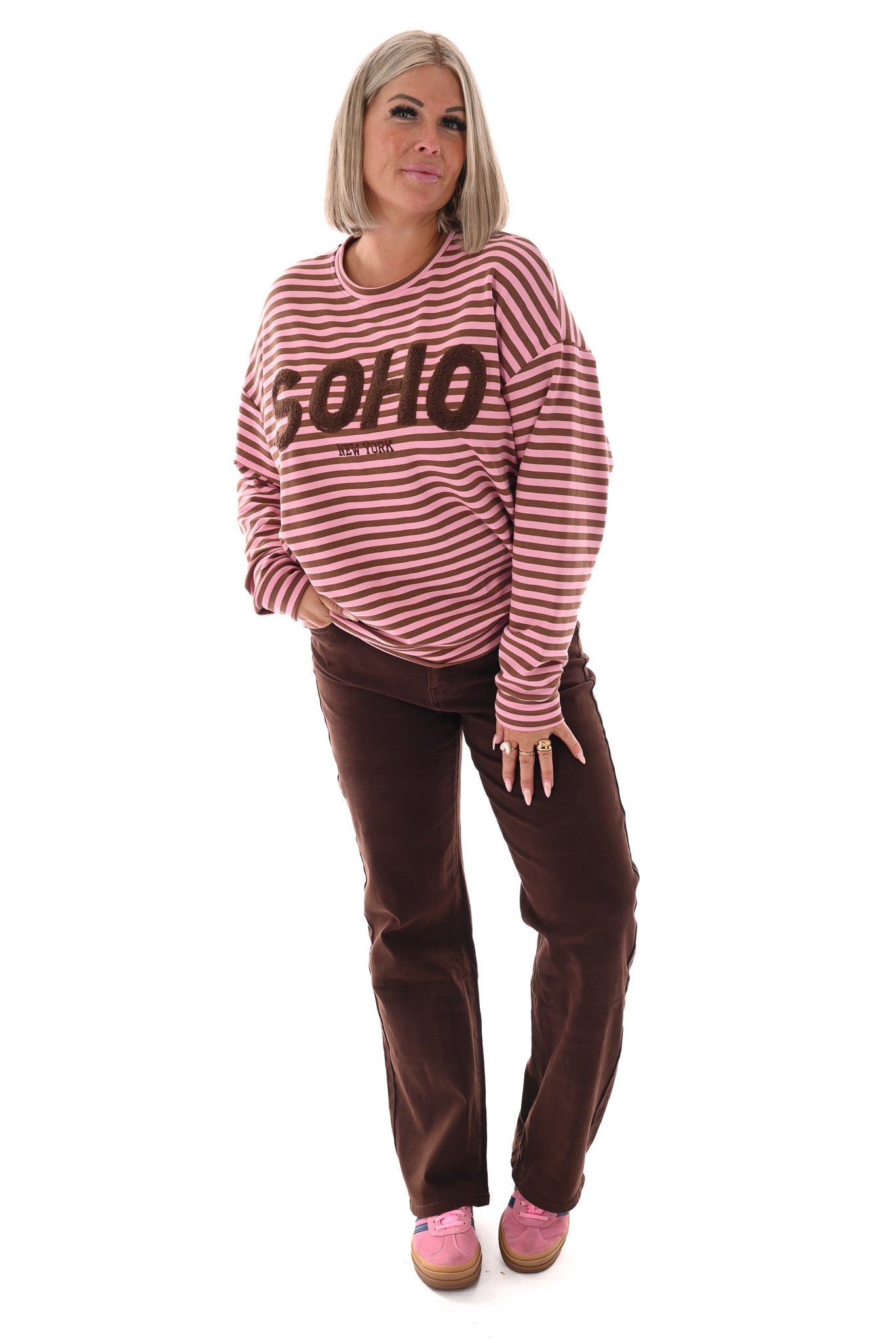 Gestreepte sweater Soho lichtroze/bruin