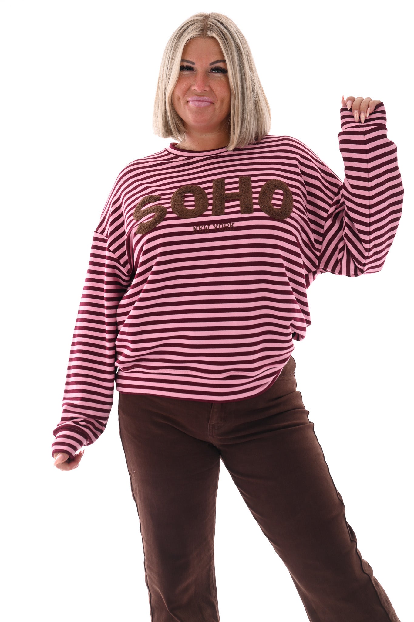 Gestreepte sweater Soho roze/bordeaux