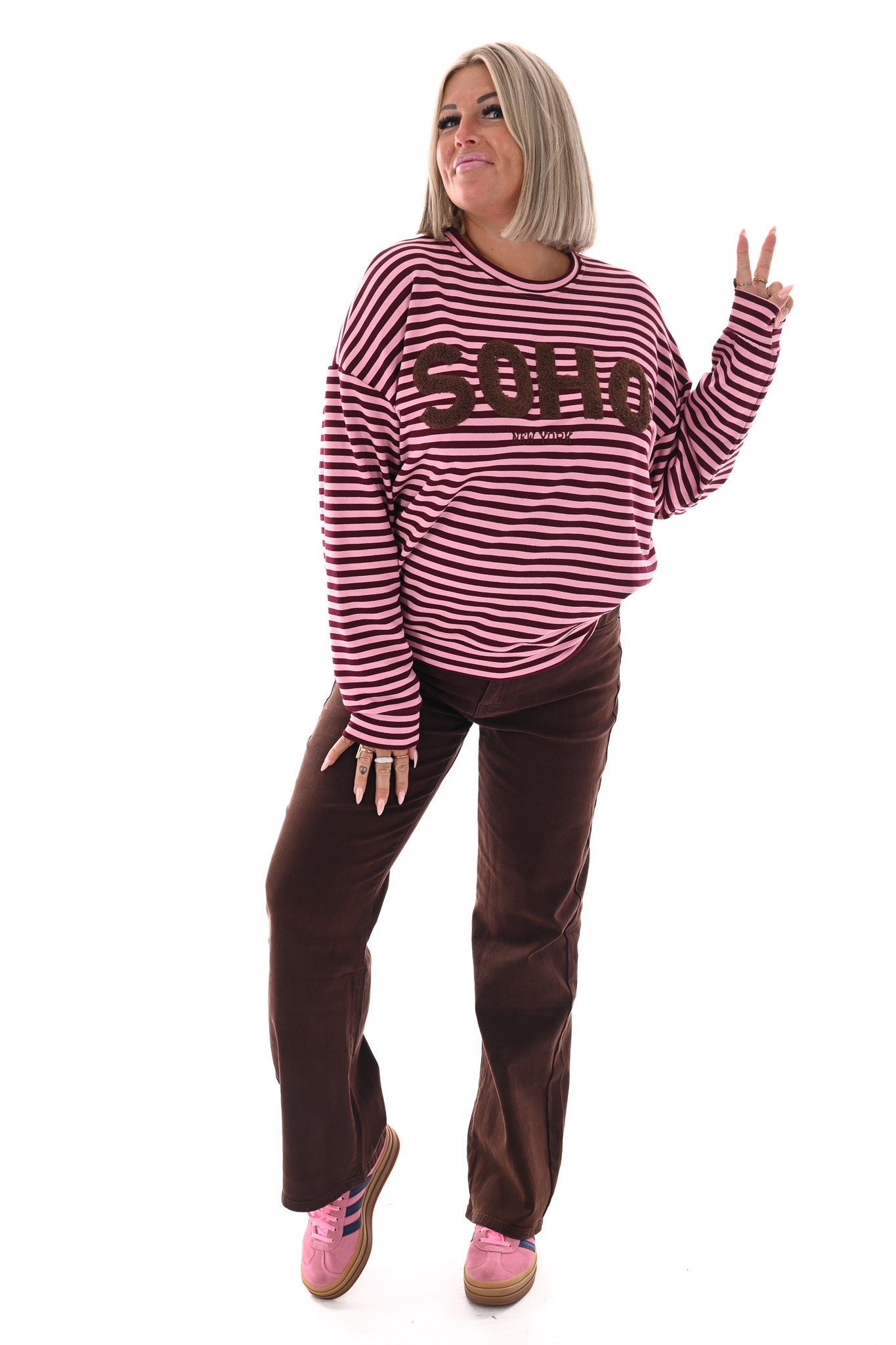 Gestreepte sweater Soho roze/bordeaux