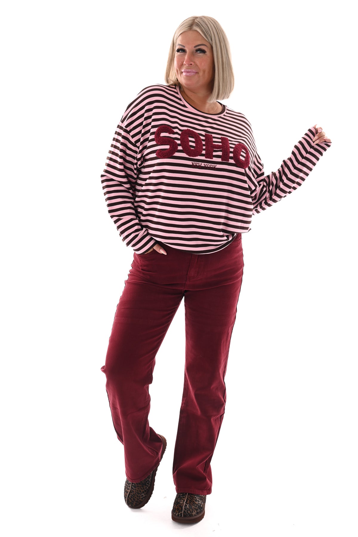 Gestreepte sweater Soho lichtroze/donkerbruin