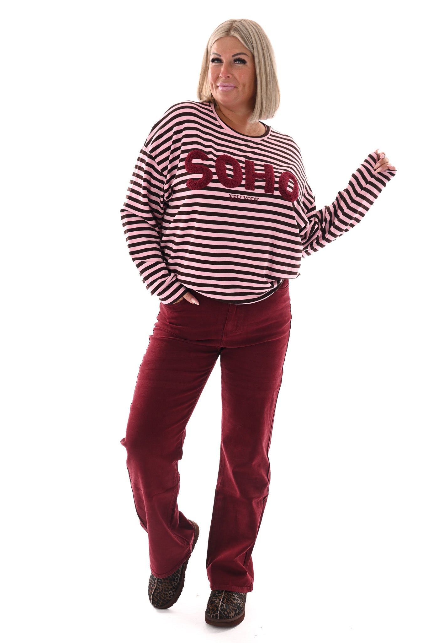 Gestreepte sweater Soho lichtroze/donkerbruin