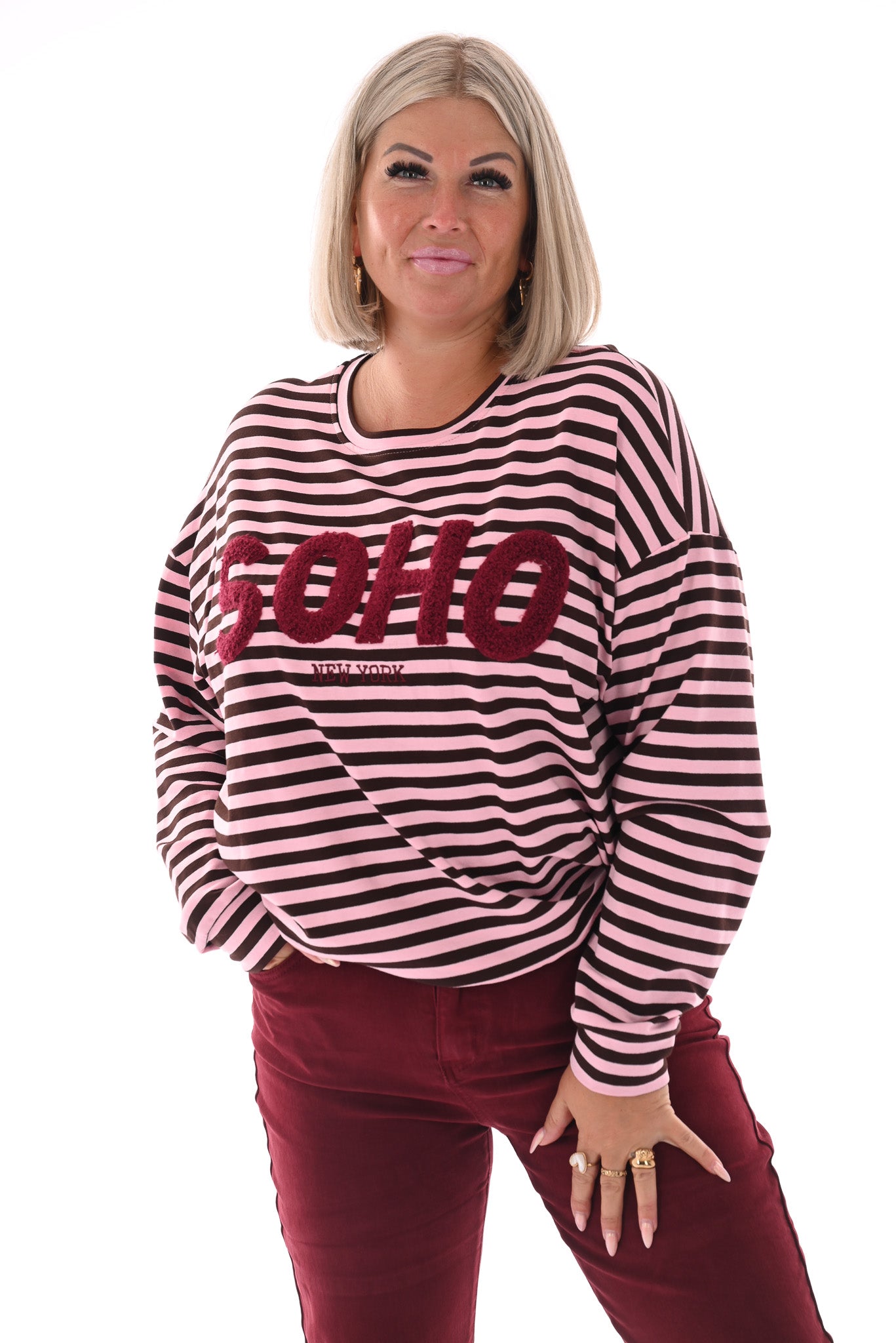 Gestreepte sweater Soho lichtroze/donkerbruin
