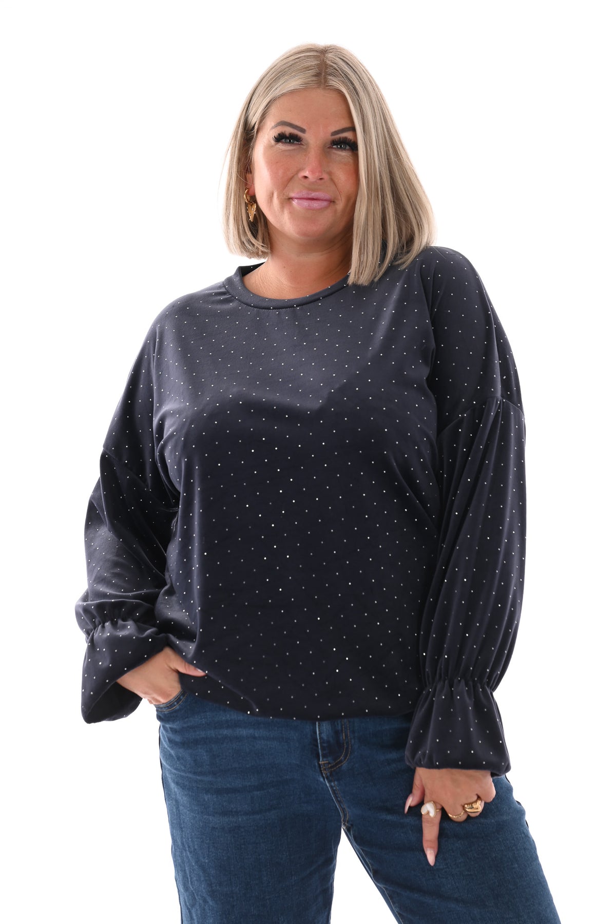 Top velvet met trompetmouwen en strass marineblauw
