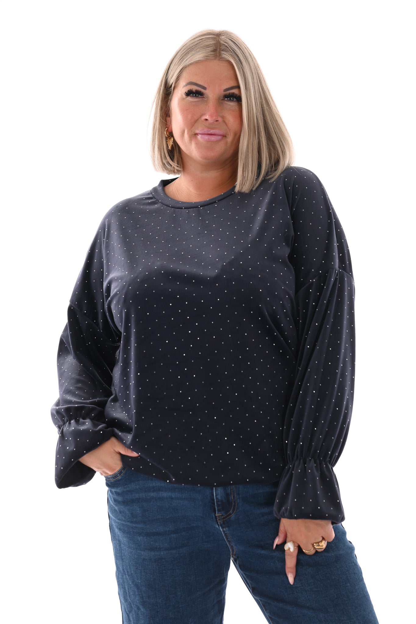 Top velvet met trompetmouwen en strass marineblauw
