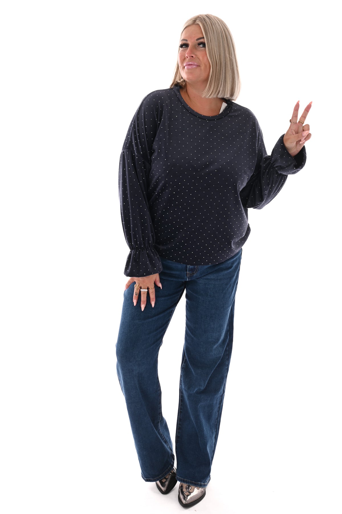 Top velvet met trompetmouwen en strass marineblauw