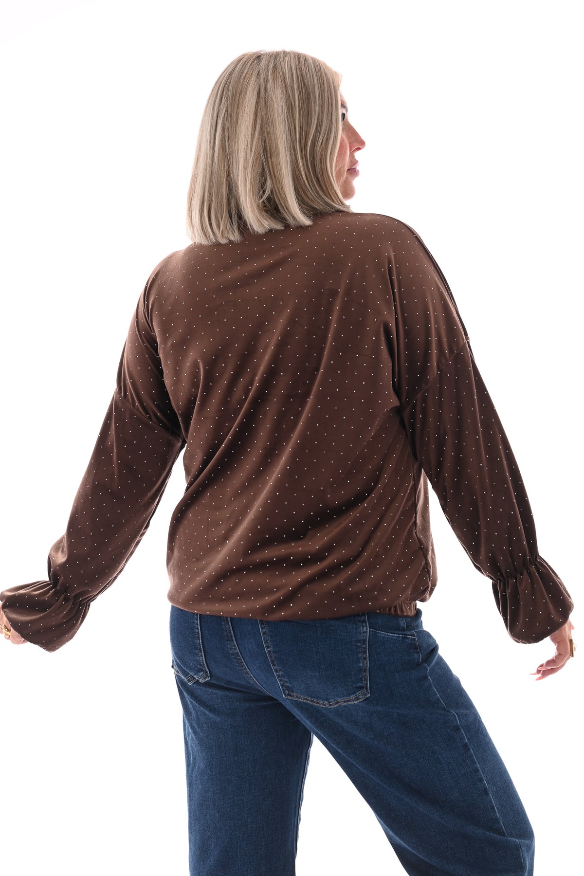 Top velvet met trompetmouwen en strass donkerbruin