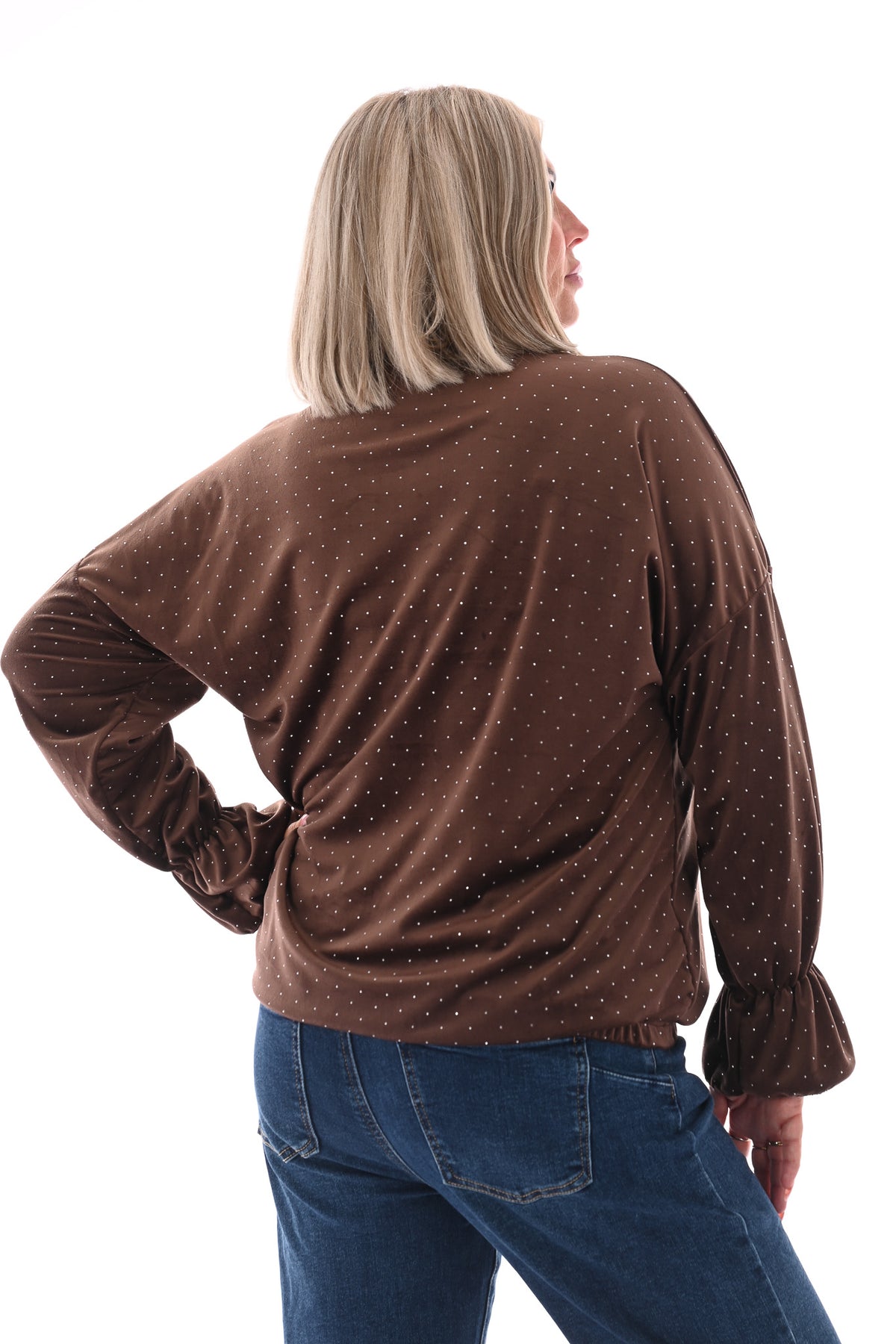 Top velvet met trompetmouwen en strass donkerbruin