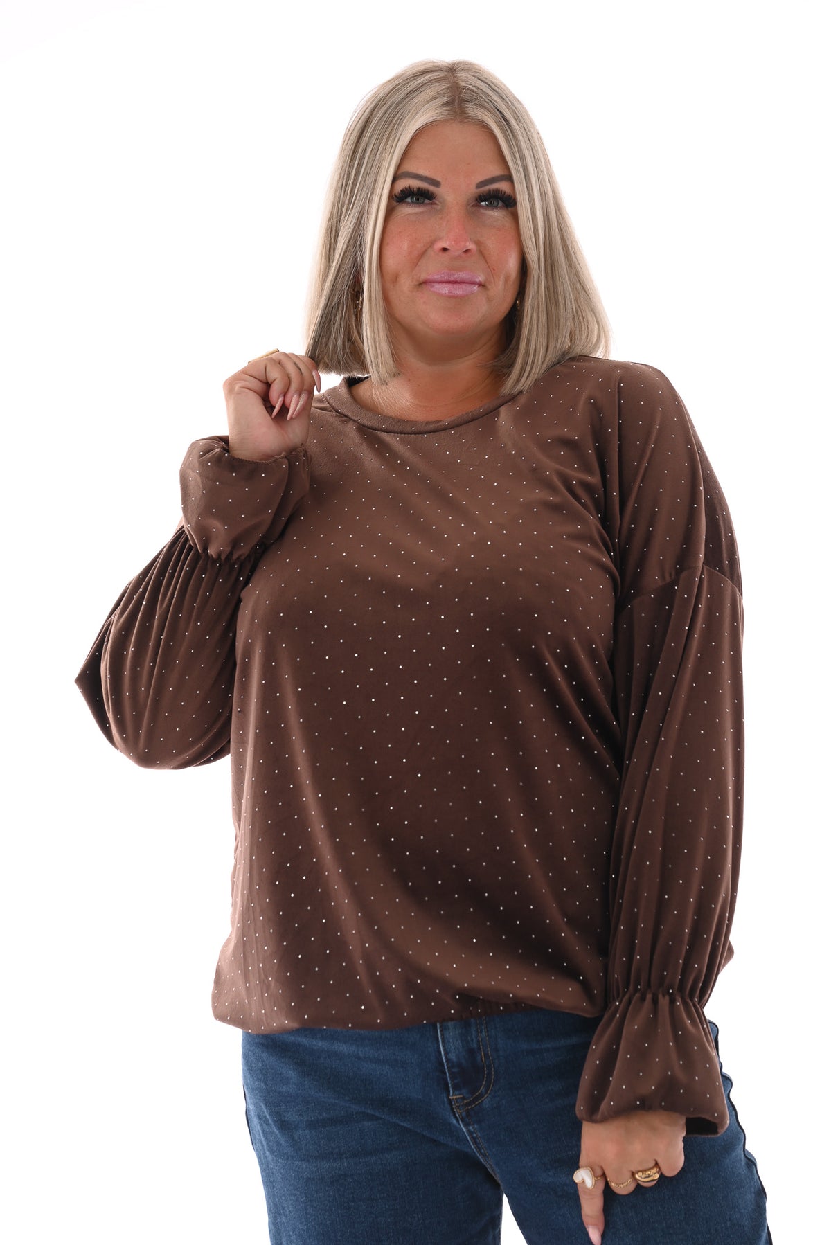 Top velvet met trompetmouwen en strass donkerbruin