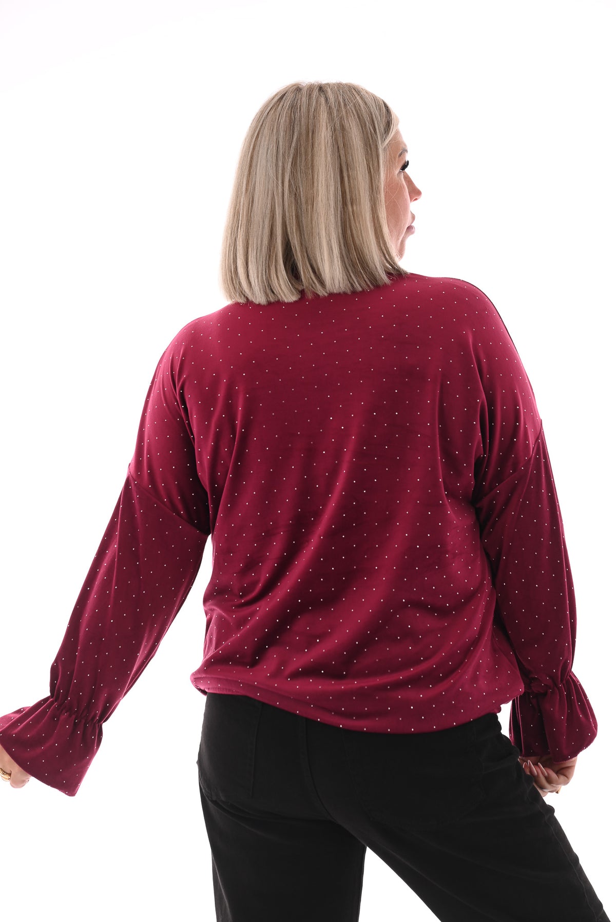 Top velvet met trompetmouwen en strass bordeaux