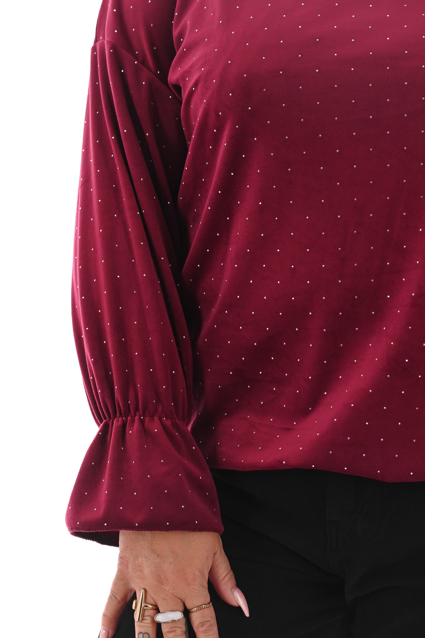 Top velvet met trompetmouwen en strass bordeaux