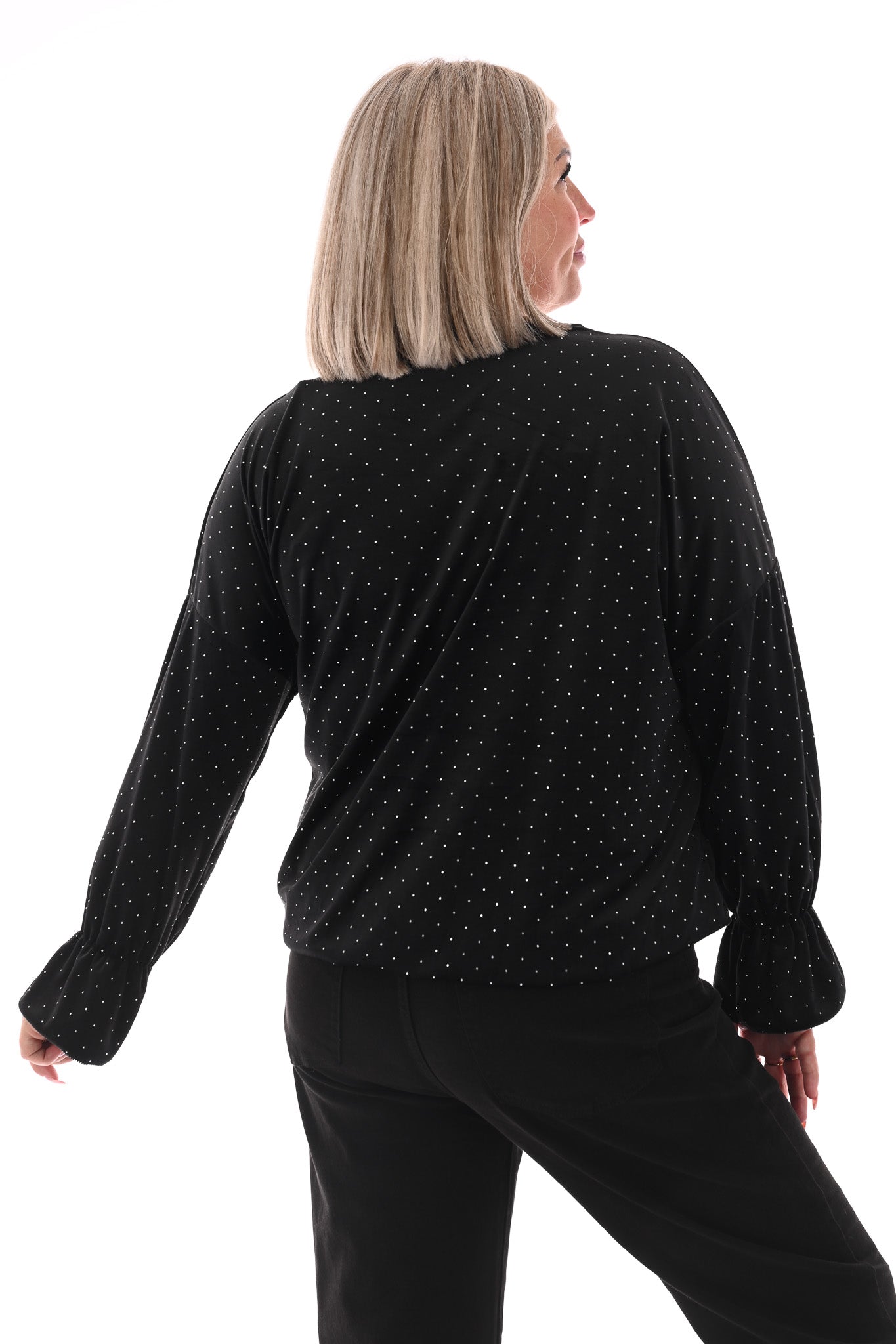 Top velvet met trompetmouwen en strass zwart