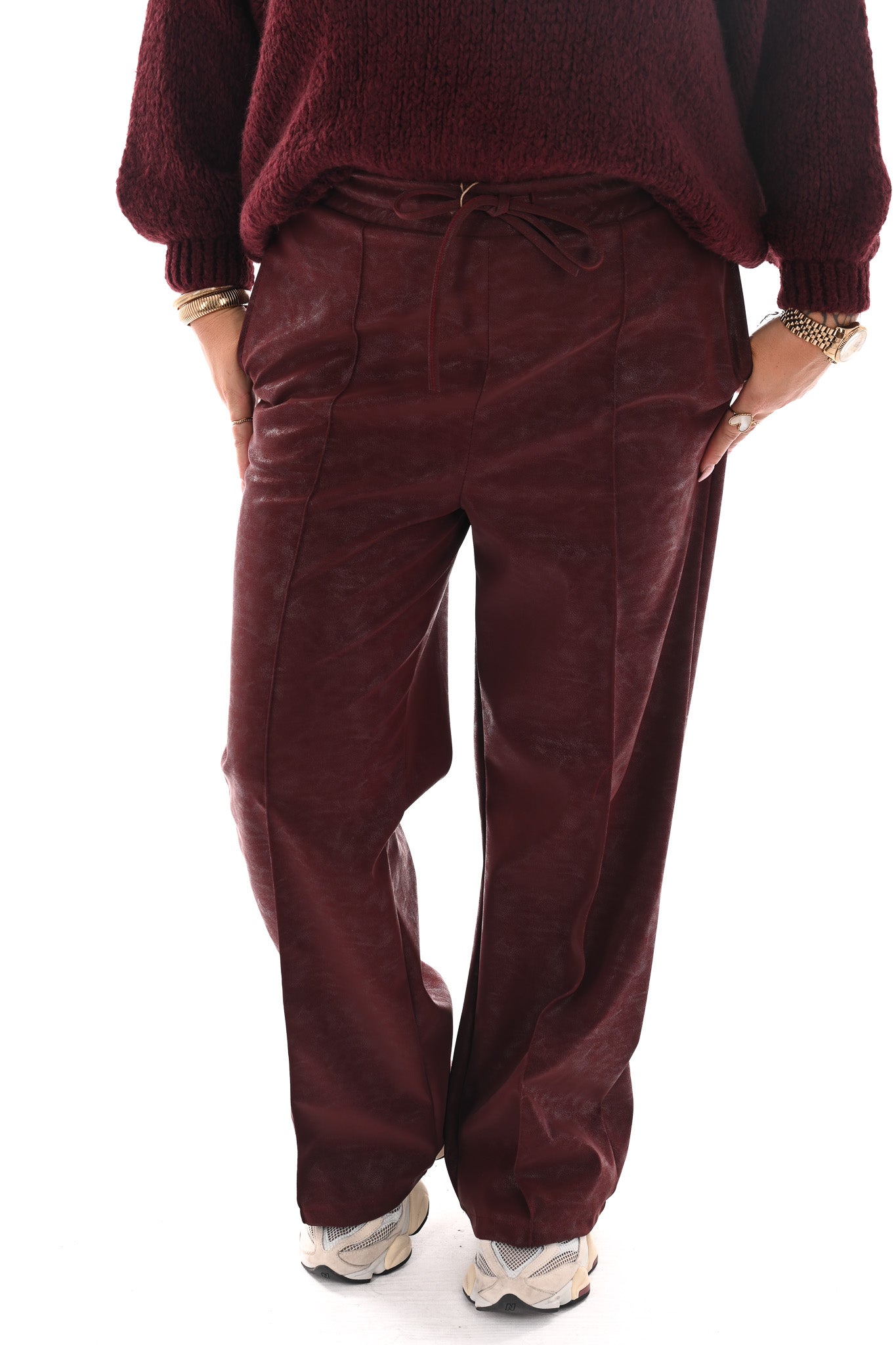 Leatherlook wide leg met elastieken band bordeaux