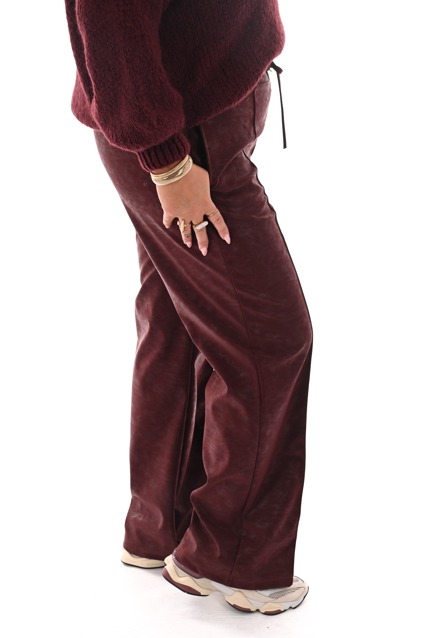 Leatherlook wide leg met elastieken band bordeaux