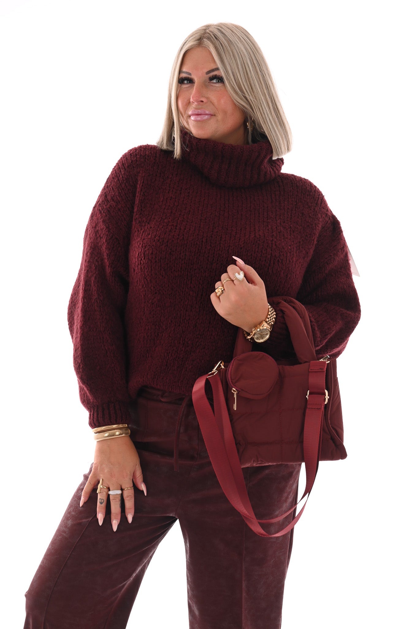 Leatherlook wide leg met elastieken band bordeaux