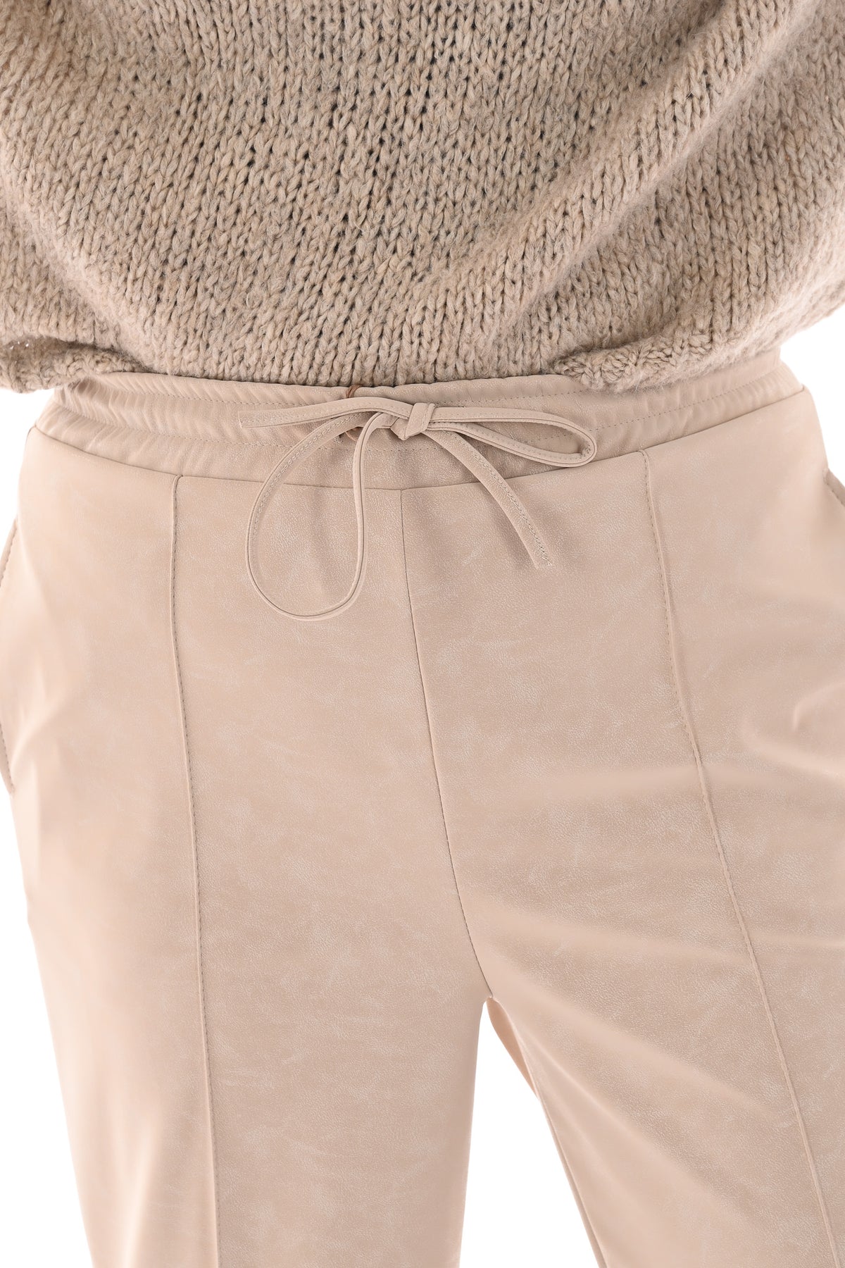 Leatherlook wide leg met elastieken band beige