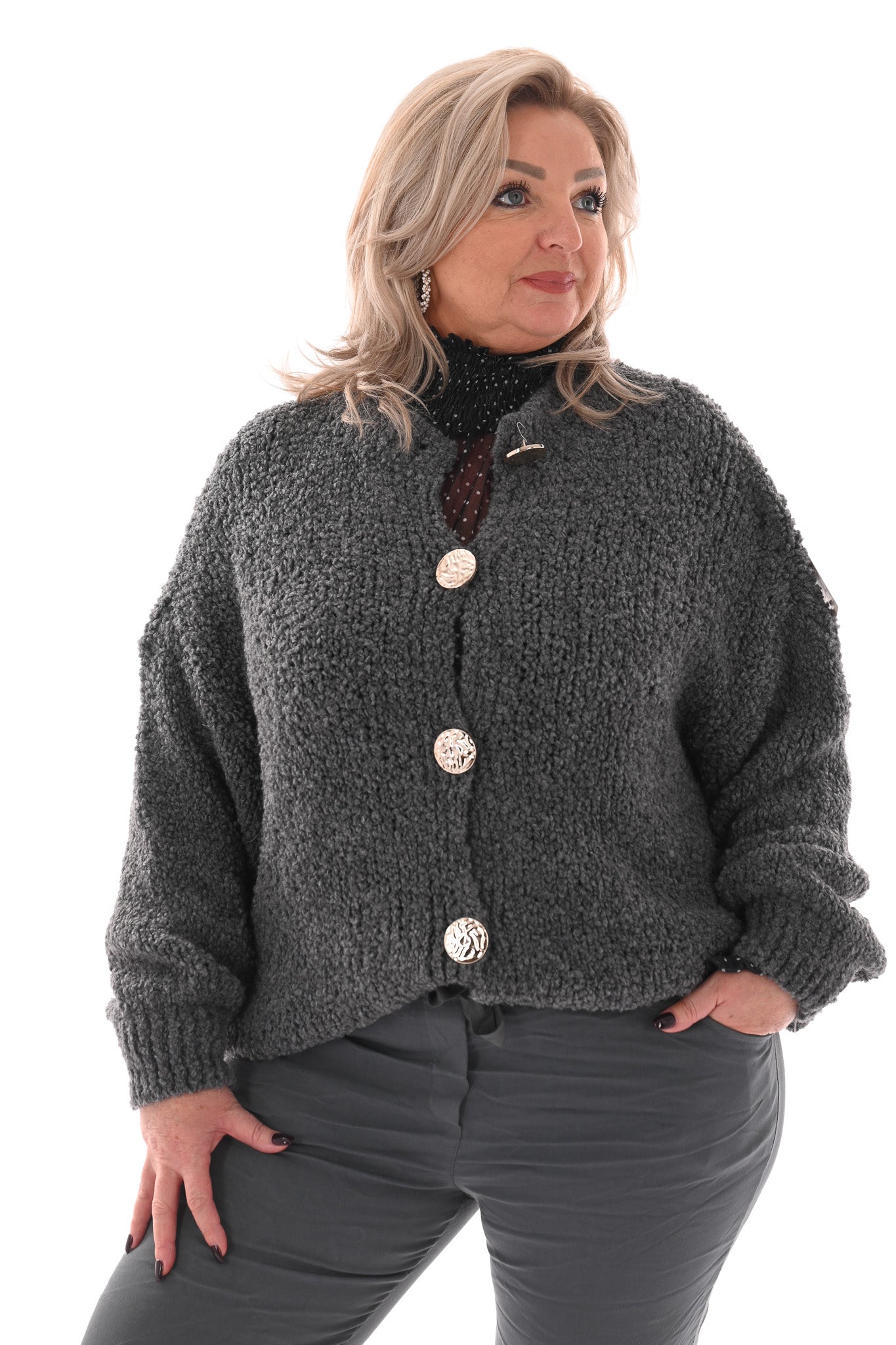Boucle vest grote knopen grijs